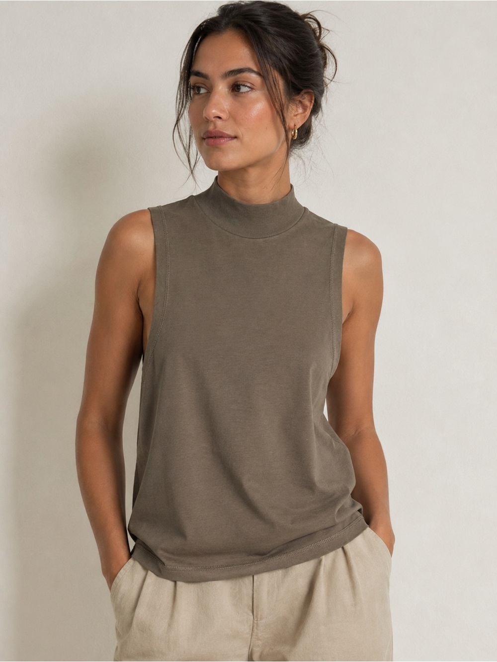 Alo Yoga Move Mock Neck Tank Taupe Modal Cotton Sleeveless Top XS